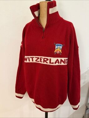 Switzerland sz XL merino blend Red Half-Zip apres Ski Sweater great condition